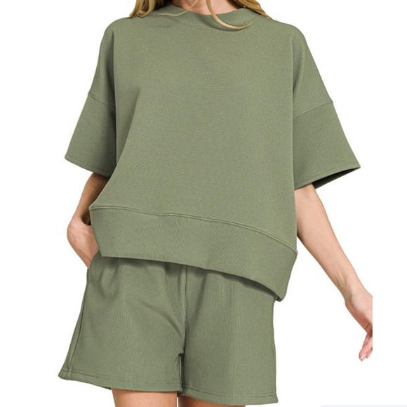 Zenana Outfitters Other - So Soft!!  Zenana Outfitters Ribbed Light Olive Tee and Shorts Set